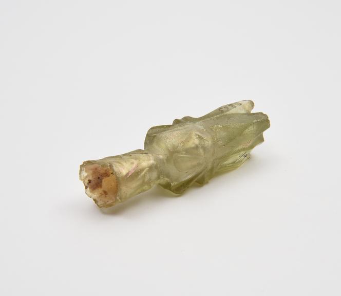 Glass molar tooth bottle, pale green, square body, cut