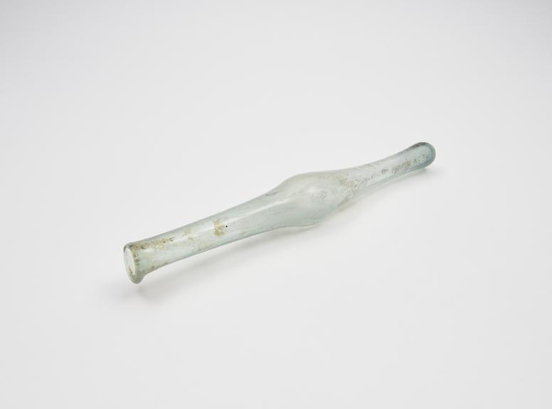 Bottle, glass, iridescent, long, narrow, swelling at middle