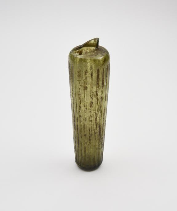 Glass bottle, dark green, cylindrical body, ribbed