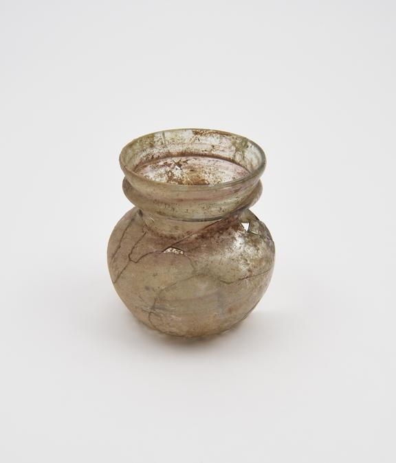 Glass jar, with cut out ridge below rim, Roman, 251 to 450 AD