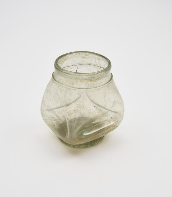 Glass jar, square body, indented