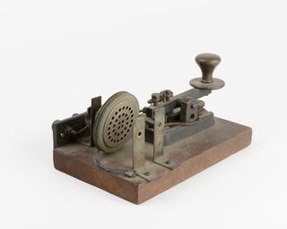 Electric bell on wooden base with kettle whistle, BBC Radiophonic Workshop