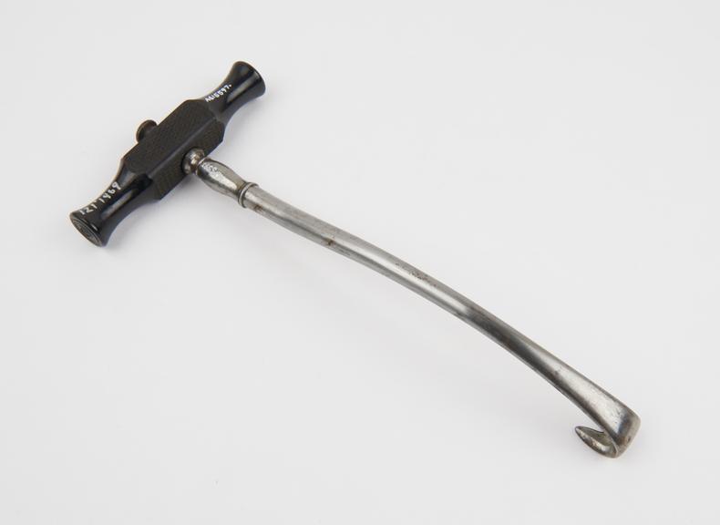 Obstetrical crotchet, double toothed, steel and wood