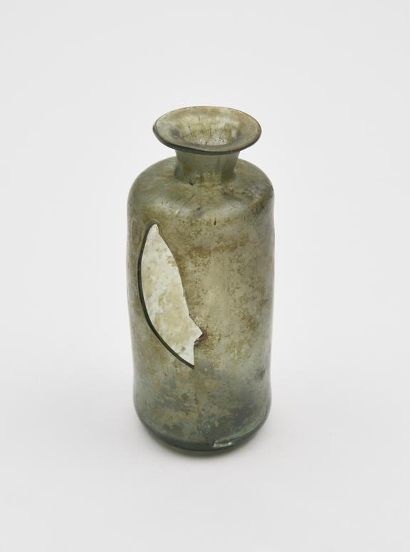 Glass bottle, green, cylindrical body, angular shoulders