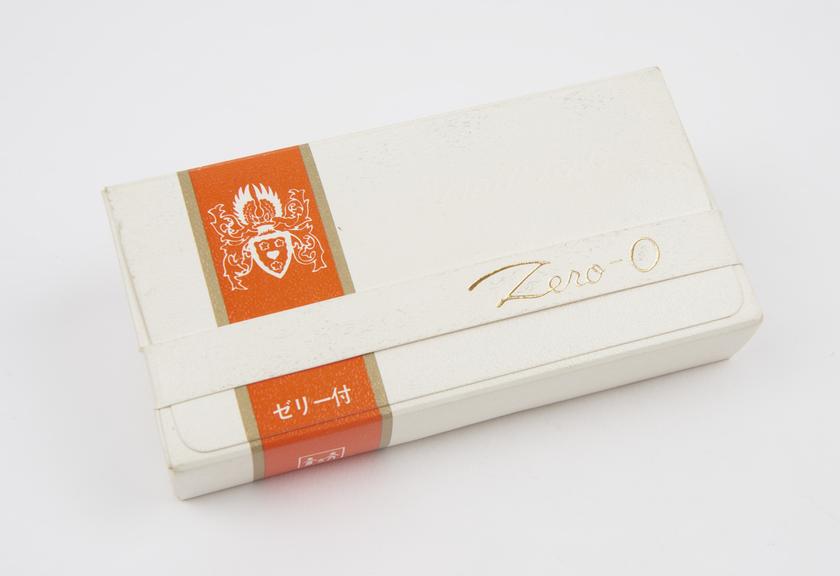 White carton of Wrinkle Zero-O' condoms, Japanese, 1970s.'