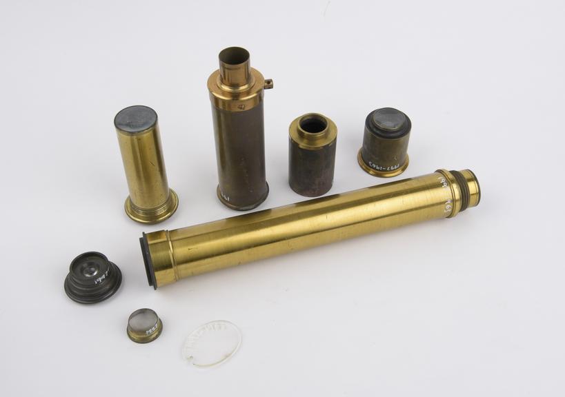 Assorted parts of spectrometer, brass and glass