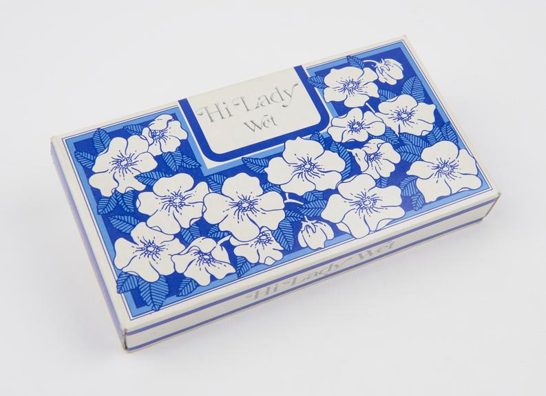 Blue and white flowered pattern carton of Hi Lady wet' condoms