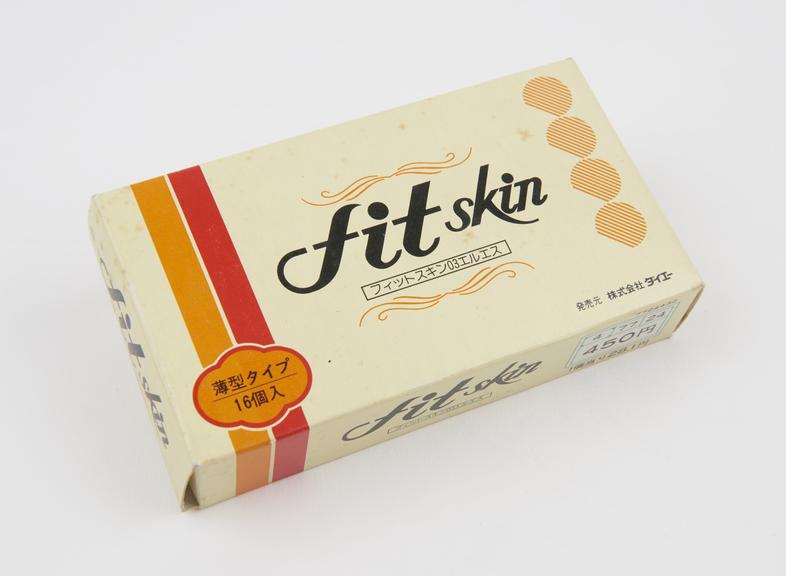 Yellow carton of fit skin' condoms, Japanese, 1970s.'