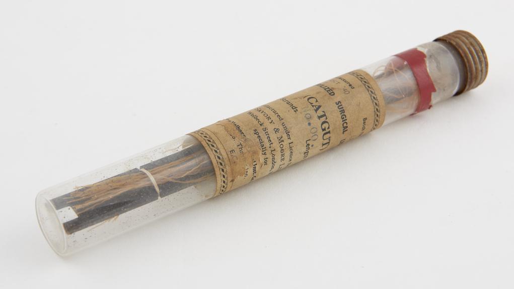 Tube of sterilized catgut suture, by Savory and Moore Ltd