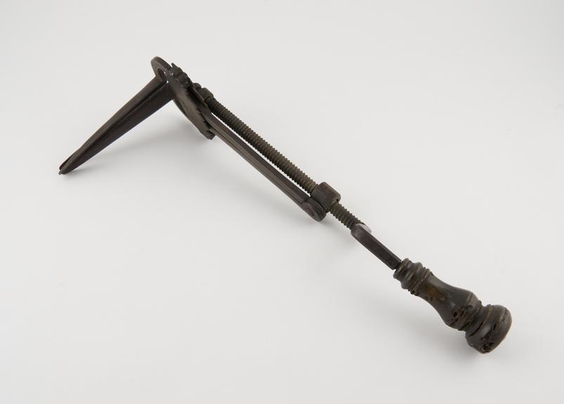 Speculum, vaginal, steel, wooden handle, European