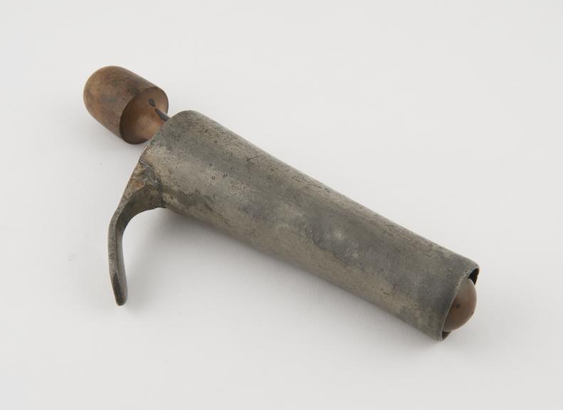 Speculum, vaginal, pewter, with wooden plug, possibly French