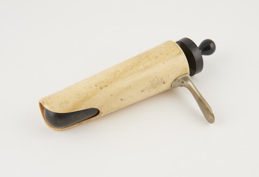 Speculum, vaginal, Recamier, ivory and metal, with ebony plug