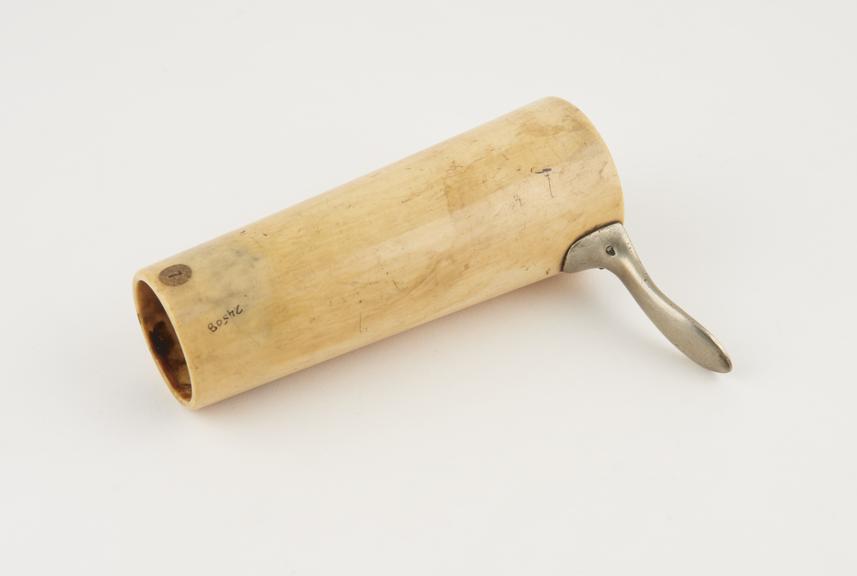 Speculum, vaginal, ivory, metal handle, by Charriere of Paris