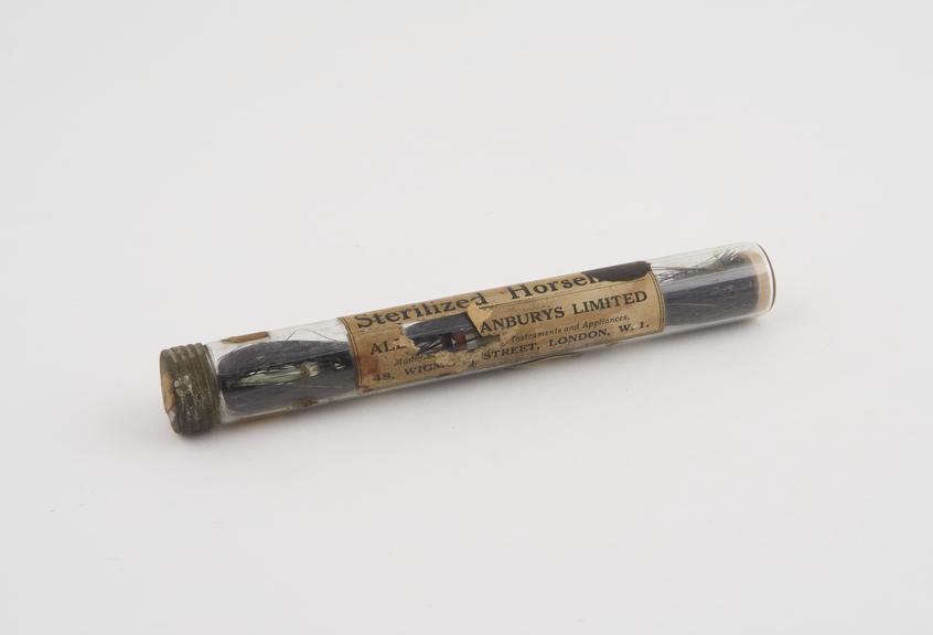 Tube of sterile horsehair ligature, by Allen and Hanburys Ltd