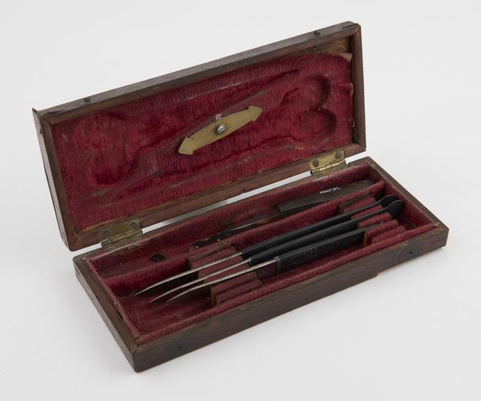 4 scalpels and 1 folding gum lancet, in broken mahogany case