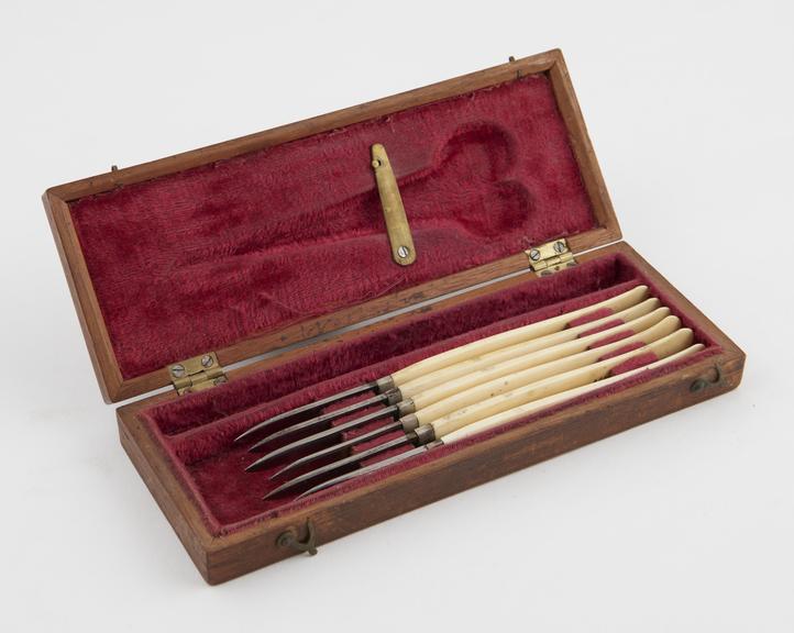 Set of 6 scalpels, steel and ivory, by Pepys of London