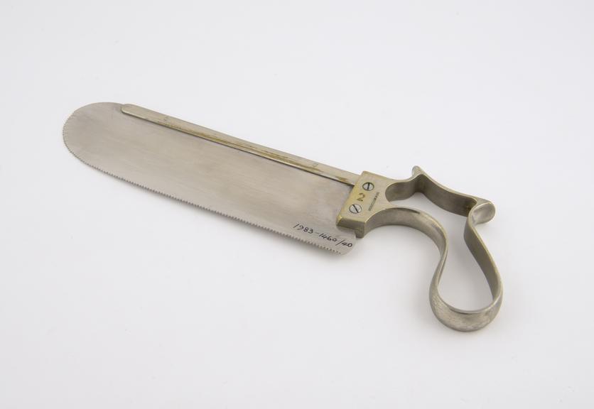 Post mortem saw, with nickel plated handle, made by Down Bros