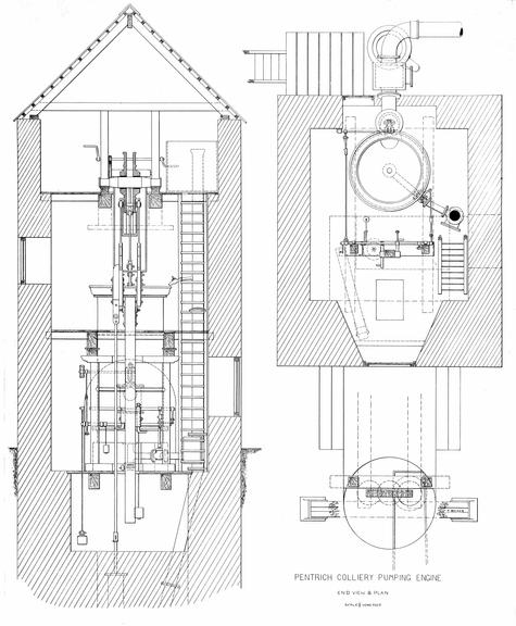 One of two drawings of the Pentrich Colliery Pumping Engine: