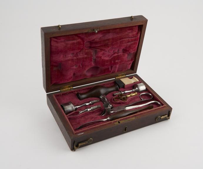 Trephination set, cased, by Evans, English