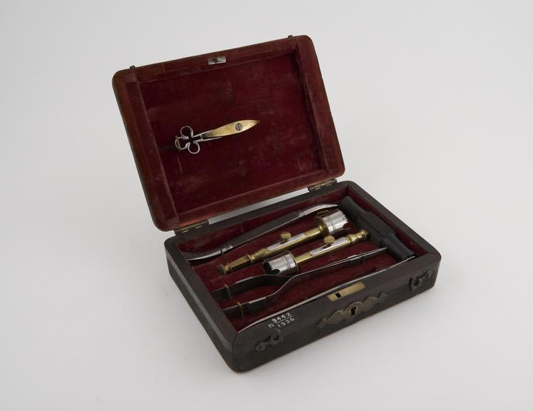 Trephination set, cased, by Stears, English