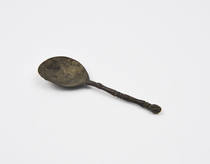 Latten spoon, with wrythen ball knop, 14th to 16th centuries