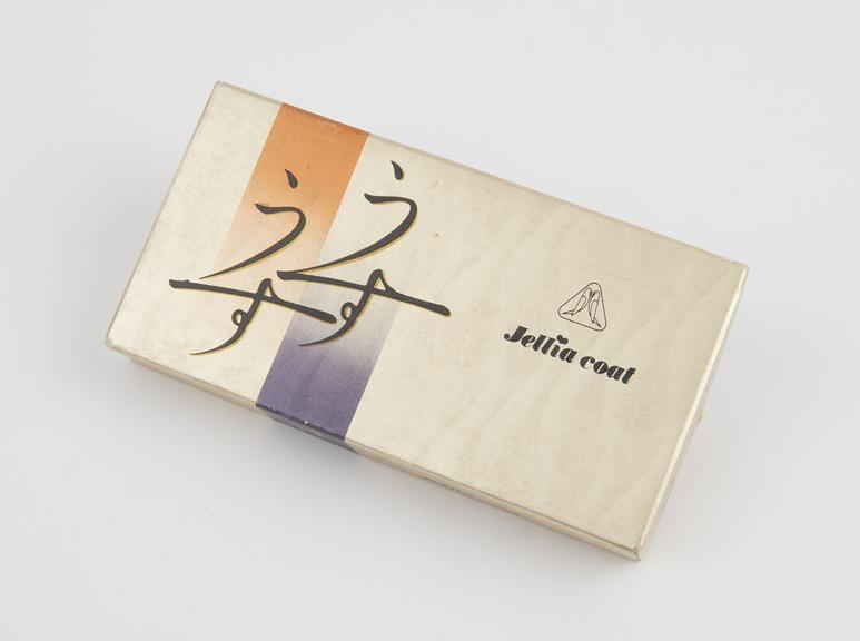 Empty gold carton of Jellia coat' condoms, Japanese, 1970s.'