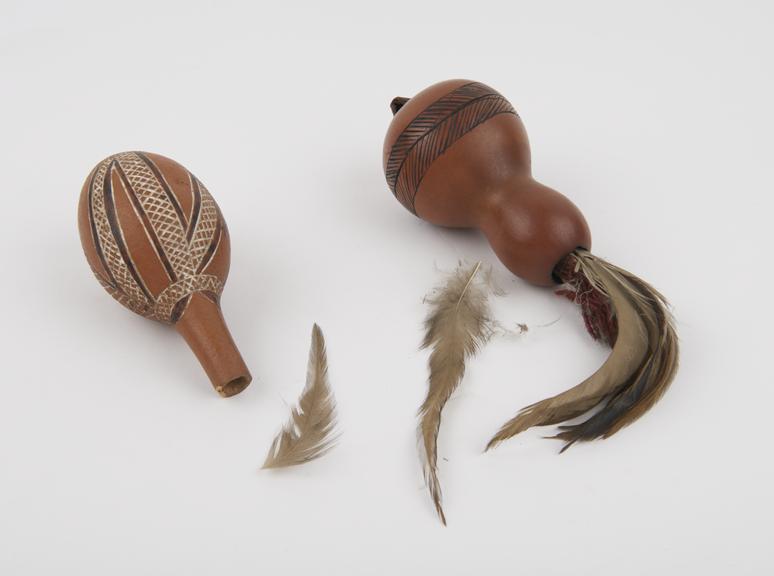 Gourd, filled with seeds and decorated and Hollow gourd