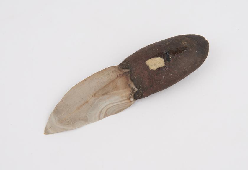 Knife with pointed stone blade and solidified gum handle