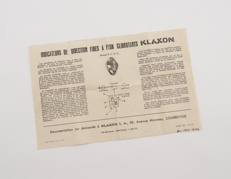 Paper information leaflet for Klaxon 6U 1L Flasher Unit, 1951