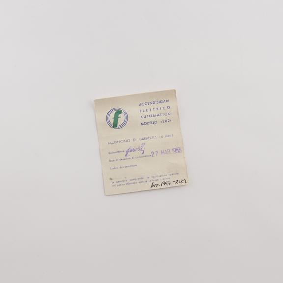 Sales receipt for a Accendisigari Automatic cigarette lighter