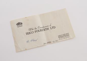 Note from Venner Automatic Timer 8551. 1950