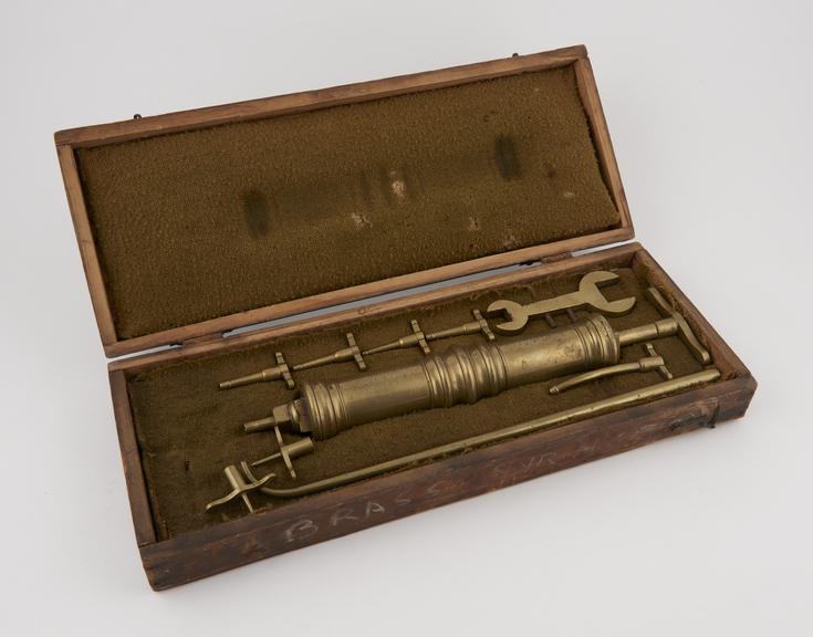 Syringe for anatomical injection, brass, with attachments