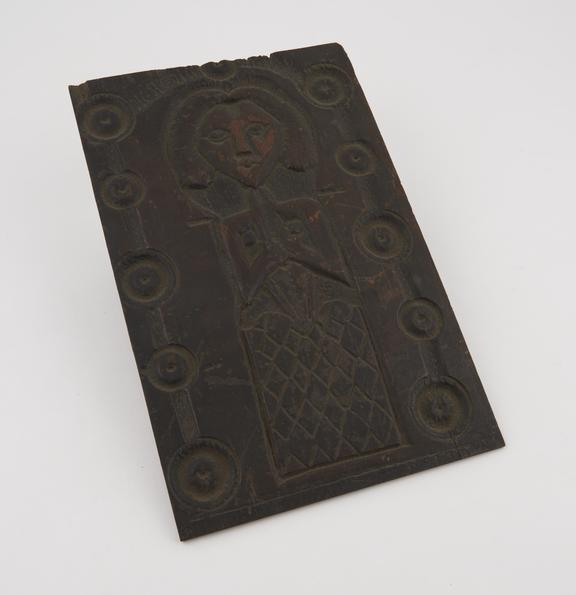 Wooden panel, oak, depicting woman holding her rib cage open