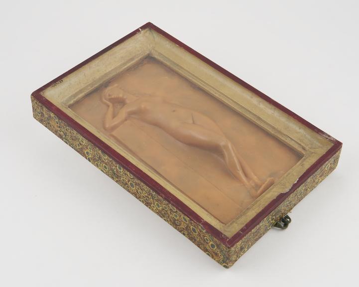 Wax plaque in wooden frame showing front view of naked