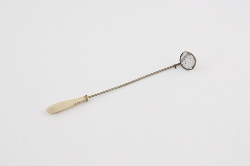 Laryngeal mirror, square, stemmed, with drop-sided ivory handle