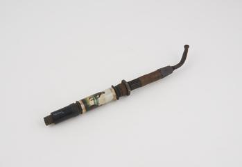 Tobacco pipe horn stem and mouthpiece with picture of huntsman on porcelain tube