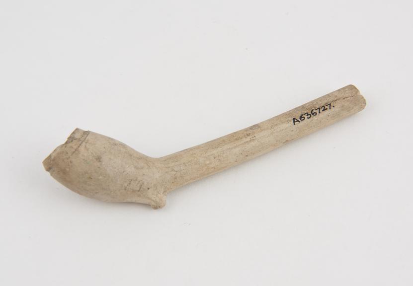 Clay tobacco pipe, incomplete, made in England(?), c. 1660-1680