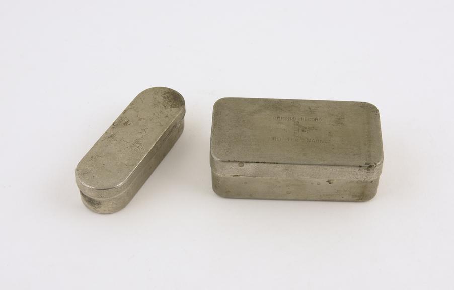 2 small metal tins, empty, makers unknown, 1920-1950