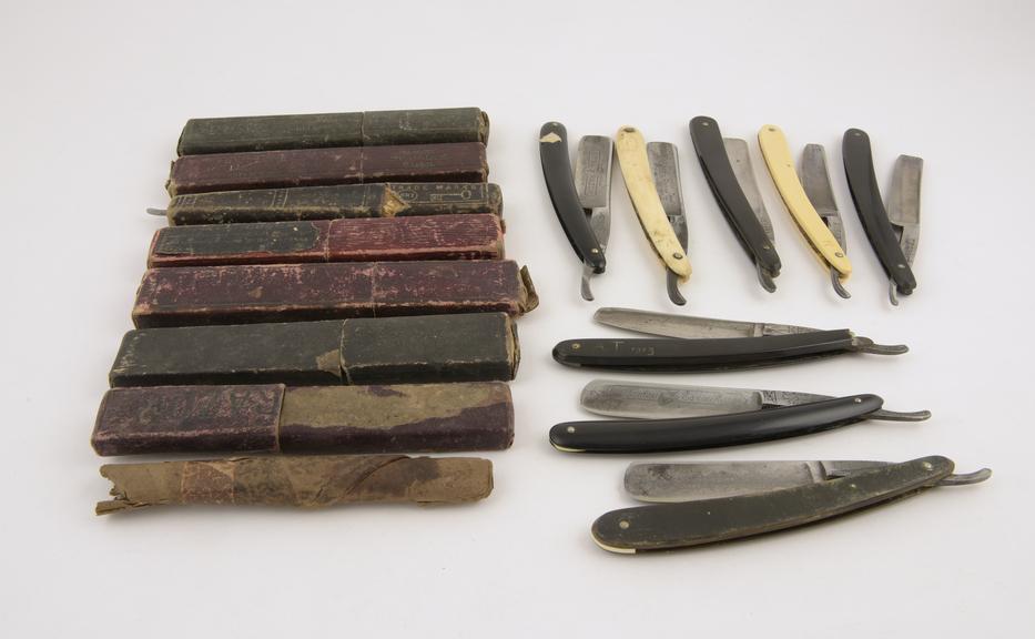 11 cut-throat razors and 8 cases, various makers, 1900-1950