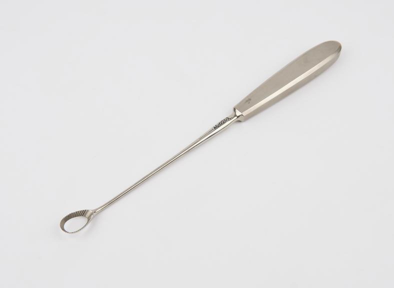 Curette, uterine, Thomas, steel, serrated head, by Down Bros