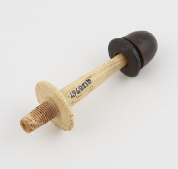 Ivory and wooden speculum, domed cap, ivory probe and disc