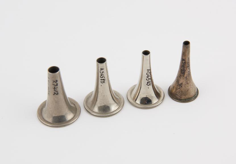 Four aural specula, one Yearsley, three Toynbee, steel, plated