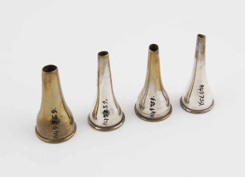 Gruber aural speculum, set of four, brass, probably English