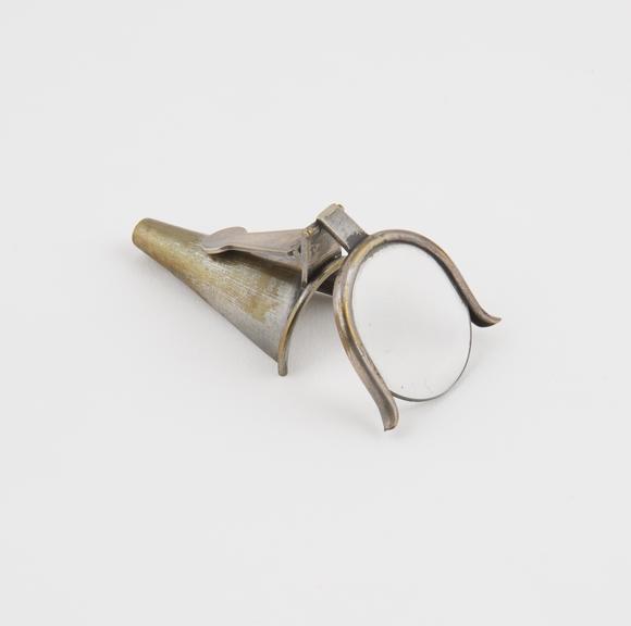 Speculum, aural, metal, nickel-plated with lens, European