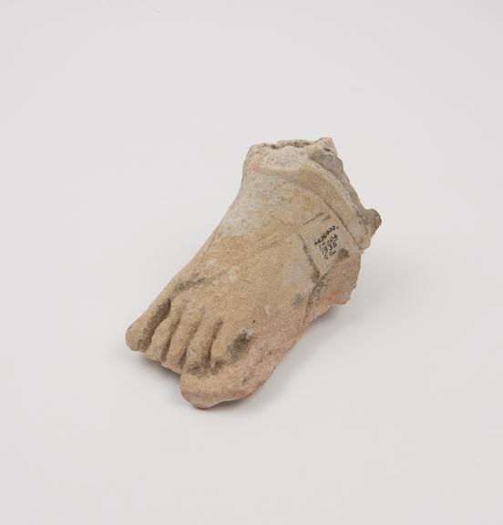 Votive left foot, terracotta, probably Roman, 200BCE-200CE