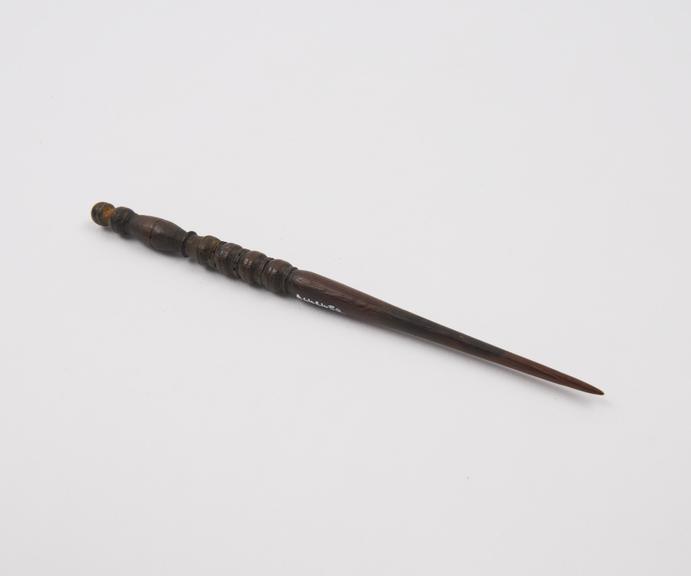 Hair pin (?), wood, decorated, provenance and date unknown