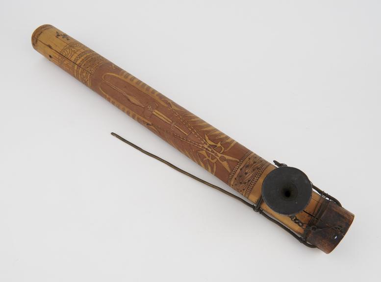 Bamboo pipe, with wooden bowl, incised decoration, Borneo