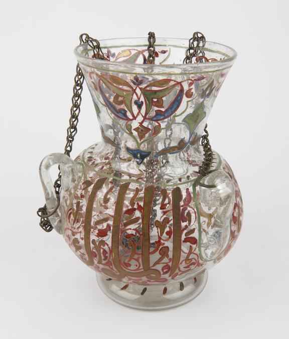 Glass mosque lamp, with three chains for suspension