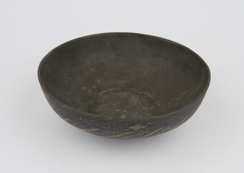 Pewter bowl, perhaps used for divination, perhaps Persian