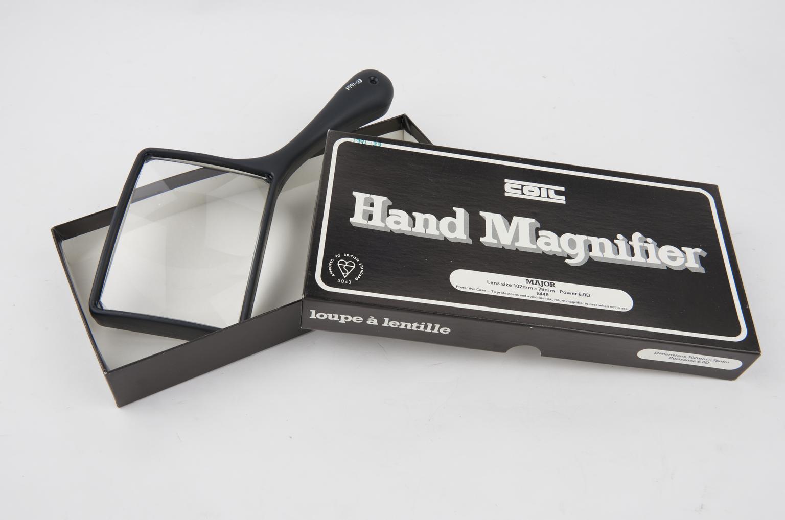 Hand magnifier with 102x75mm (aspheric) acrylic lens and black handle ...